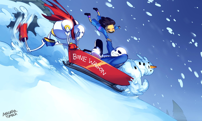 5:3 anadapta animated_skeleton bone frisk_(undertale) group hi_res human male mammal papyrus_(undertale) sans_(undertale) skeleton sled snow snowing undead undertale undertale_(series)