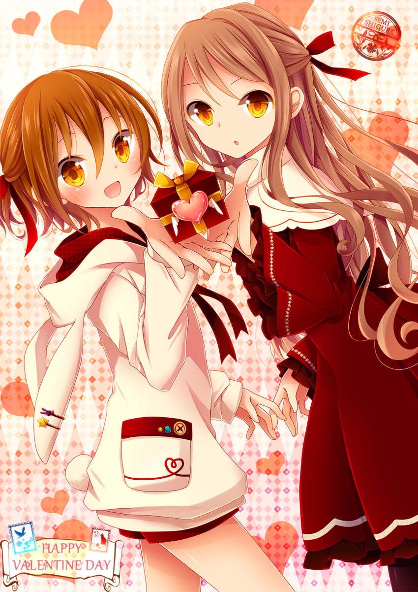 :o akane_(goma) akira_(goma) animal_ears argyle argyle_background black_legwear blush box braid brother_and_sister brown_eyes brown_hair bunny bunny_ears casual dress english female gift gift_box goma_(11zihisin) hair_ribbon hand_holding highres holding hood hoodie jacket long_hair looking_at_viewer necktie open_mouth original pantyhose ribbon short_hair shorts siblings smile trap twins twintails valentine vest yellow_eyes