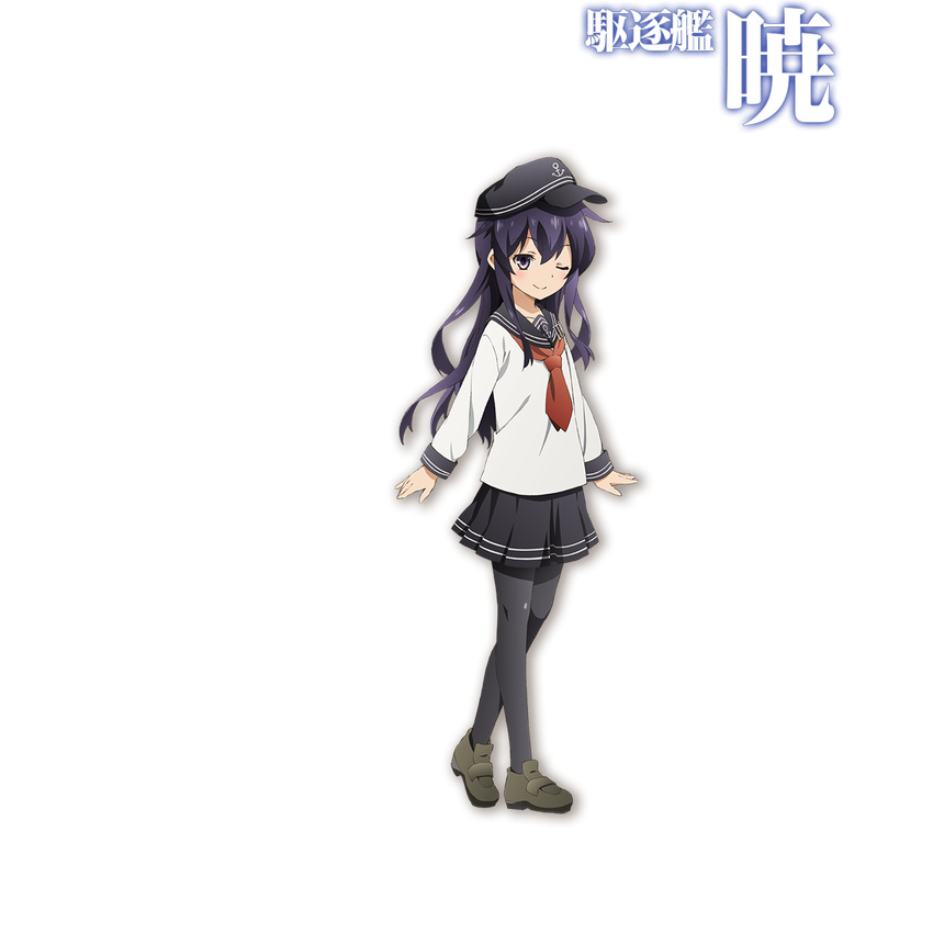 akatsuki_(kancolle) black_hair black_skirt character_name female flat_cap full_body hat highres kantai_collection kantai_collection_(anime) long_hair looking_at_viewer matsumoto_mayuko neckerchief official_art one_eye_closed pantyhose pleated_skirt red_neckerchief school_uniform serafuku shoes skirt smile solo transparent_background