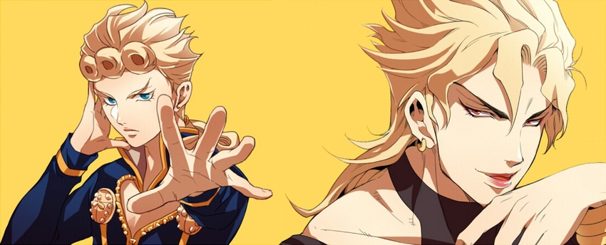 2boys bad_id bad_pixiv_id blonde_hair blue_eyes commentary_request dio_brando earrings father_and_son giorno_giovanna jewelry jojo_no_kimyou_na_bouken lipstick makeup multiple_boys red_eyes stardust_crusaders tazawa_(odamura) vento_aureo yellow_background