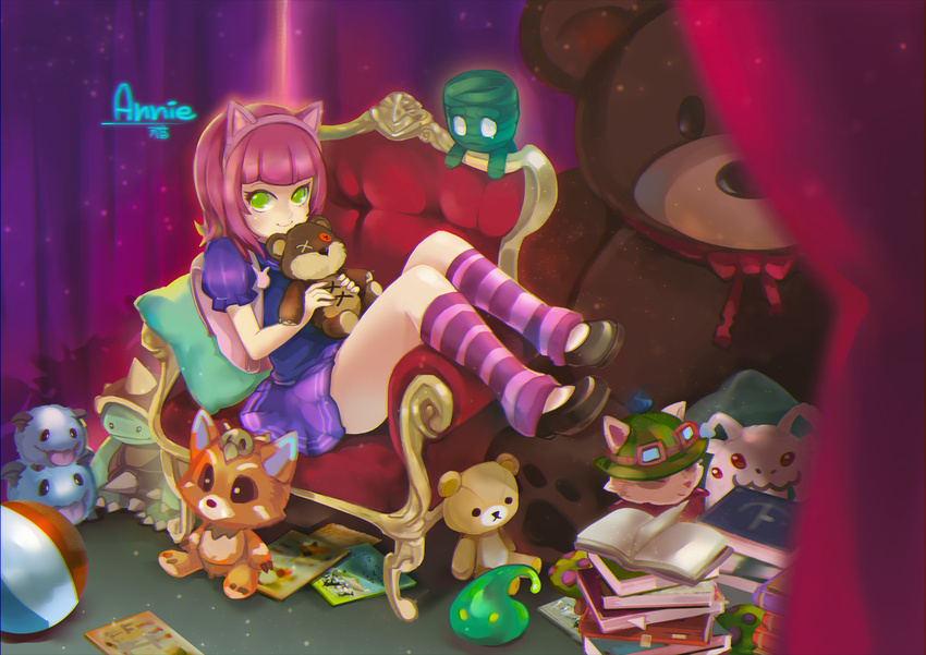 aa2233a amumu animal_ears annie_(league_of_legends) backpack bag ball bear book book_stack chair character_name chinese_commentary commentary_request dress female gnar_(league_of_legends) goggles goggles_on_headwear green_eyes hairband hat kog'maw league_of_legends mushroom open_book photoshop_(medium) pillow pink_hair poro_(league_of_legends) purple_dress purple_skirt rammus shoes sitting skirt smile socks stitches striped_clothes striped_socks stuffed_animal stuffed_toy teddy_bear teemo tibbers tongue tongue_out yordle zac_(league_of_legends)