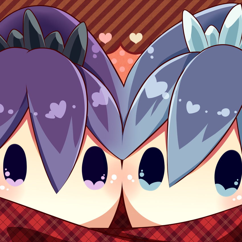 2girls blue_eyes blue_hair chibi commentary_request fubukihime heart high_ponytail highres hyakkihime long_hair multiple_girls no_mouth plaid purple_eyes purple_hair sakumado traditional_youkai youkai_(youkai_watch) youkai_watch yuki_onna