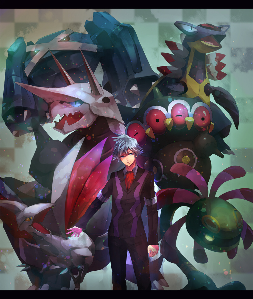 1boy aggron armaldo ascot claydol clenched_hands commentary_request cradily extra_eyes formal grey_hair highres horns long_sleeves looking_at_viewer metagross nishikawa_(fe) pants pokemon pokemon_(creature) pokemon_rse skarmory steven_stone suit