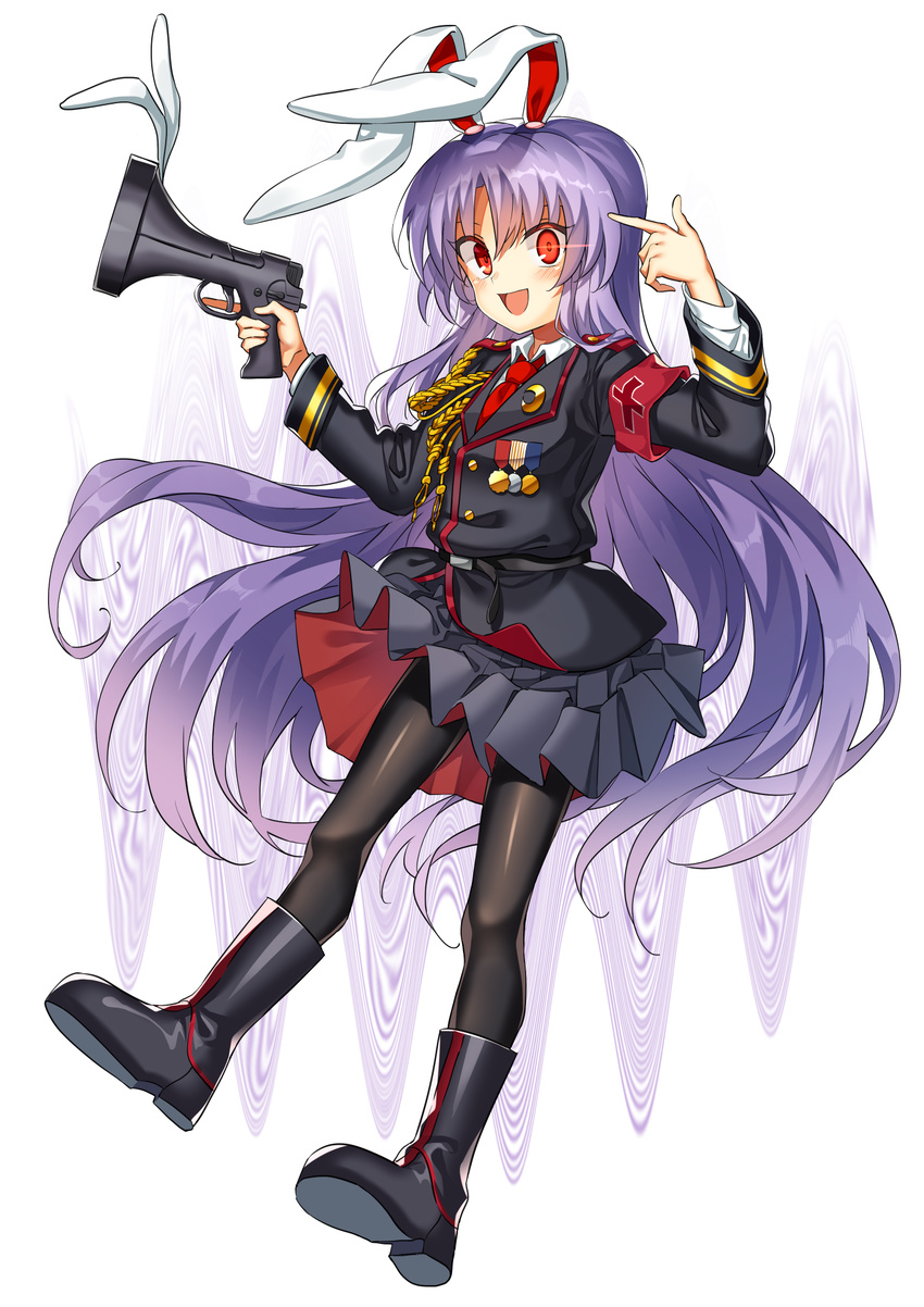 :d alternate_costume animal_ears armband belt black_pantyhose blouse boots commentary_request crescent crescent_pin female finger_gun glowing glowing_eye highres light_purple_hair long_hair long_sleeves looking_at_viewer lunatic_gun manarou medal military military_uniform necktie open_mouth pantyhose pleated_skirt purple_hair rabbit_ears red_eyes red_necktie reisen_udongein_inaba shirt simple_background skirt smile solo touhou trigger_discipline tunic uniform very_long_hair wavy_background white_shirt