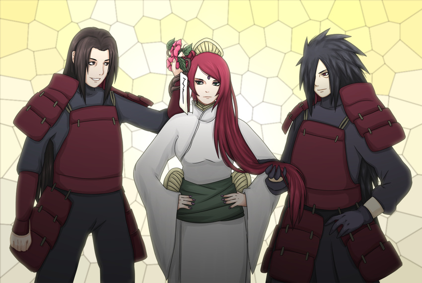 2boys black_hair couple female fireeaglespirit flower long_hair multiple_boys naruto naruto_shippuuden red_eyes red_hair senju_hashirama uchiha_madara uzumaki_mito