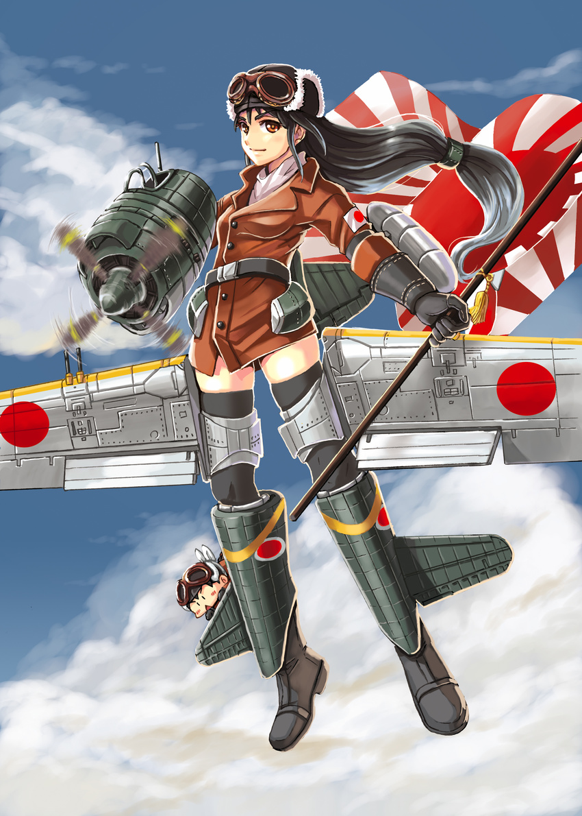 1boy absurdres black_hair cloud commentary_request day female flag flying goggles goggles_on_head highres imperial_japanese_army long_hair looking_at_viewer moeru!_sentouki_zukan n1k original photoshop_(medium) red_eyes rising_sun_flag sky smile solo_focus sunburst thighhighs yuu_(yuyukaikan) |_|