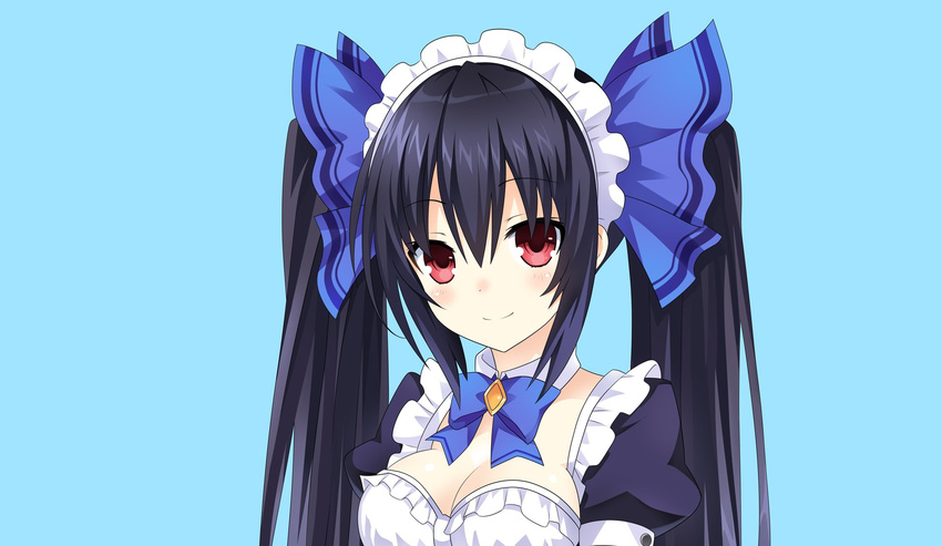 alternate_costume black_hair blush breasts cleavage commentary_request dress enmaided female hair_ornament highres long_hair looking_at_viewer maid maid_headdress medium_breasts neptune_(series) noire_(neptunia) red_eyes simple_background smile solo twintails zero_(ray_0805)