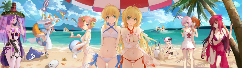 1boy 6+girls ? ?? \||/ absurdres ahoge anger_vein animal_ears artoria_pendragon_(fate) artoria_pendragon_(swimsuit_archer)_(fate) artoria_pendragon_(swimsuit_archer)_(first_ascension)_(fate) ass bandages beach beach_umbrella bikini blonde_hair blue_bikini blue_eyes bow braid breast_rest breasts breasts_on_head bridal_garter brown_footwear bzerox casual_one-piece_swimsuit commentary_request criss-cross_halter cu_chulainn_(fate) cu_chulainn_(fate/stay_night) day double_bun dragon_horns dress dress_bow dress_swimsuit ears_through_headwear eyepatch_bikini fate/grand_order fate_(series) flower fox_ears fox_girl fox_tail frankenstein's_monster_(fate) frankenstein's_monster_(swimsuit_saber)_(fate) frankenstein's_monster_(swimsuit_saber)_(third_ascension)_(fate) fujimaru_ritsuka_(female) fujimaru_ritsuka_(female)_(brilliant_summer) gae_bolg_(fate) green_eyes hair_bun hair_flower hair_intakes hair_ornament hair_over_one_eye hair_scrunchie halterneck hat highres horns innertube kiyohime_(fate) kiyohime_(swimsuit_lancer)_(fate) kiyohime_(swimsuit_lancer)_(third_ascension)_(fate) large_breasts long_hair mash_kyrielight mash_kyrielight_(swimsuit_of_perpetual_summer) medium_breasts minamoto_no_raikou_(fate) minamoto_no_raikou_(swimsuit_lancer)_(fate) minamoto_no_raikou_(swimsuit_lancer)_(first_ascension)_(fate) mordred_(fate) mordred_(swimsuit_rider)_(fate) mordred_(swimsuit_rider)_(first_ascension)_(fate) multiple_girls navel nero_claudius_(fate) nero_claudius_(swimsuit_caster)_(fate) nitocris_(fate) nitocris_(swimsuit_assassin)_(fate) noble_phantasm_(fate) notice_lines nursery_rhyme_(fate) ocean official_alternate_costume one-piece_swimsuit one_side_up oni orange_bikini orange_hair orange_scrunchie outdoors palm_tree pink_flower pink_hair polearm purple_bikini purple_eyes purple_hair red_bikini red_bow red_eyes red_sarong revealing_clothes sarong scathach_(fate) scathach_(swimsuit_assassin)_(fate) scrunchie shark short_hair shuten_douji_(fate) side-tie_bikini_bottom skin-covered_horns sky small_breasts spear starfish striped_bikini striped_clothes sun_hat surfing swim_ring swimsuit tail tamamo_(fate) tamamo_no_mae_(swimsuit_lancer)_(fate) tamamo_no_mae_(swimsuit_lancer)_(third_ascension)_(fate) tree umbrella very_long_hair weapon white_bikini white_dress white_hair