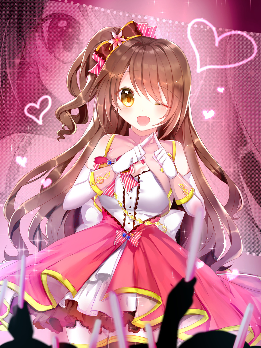 ;d bad_id bad_pixiv_id blurry bow brown_hair concert depth_of_field elbow_gloves female gloves glowstick hair_ornament hair_ribbon hairbow heart highres holding idolmaster idolmaster_cinderella_girls idolmaster_cinderella_girls_starlight_stage long_hair looking_at_viewer one_eye_closed one_side_up open_mouth orange_eyes ribbon seno_(senohime) shimamura_uzuki smile stage_of_magic_(idolmaster) treble_clef white_gloves zoom_layer