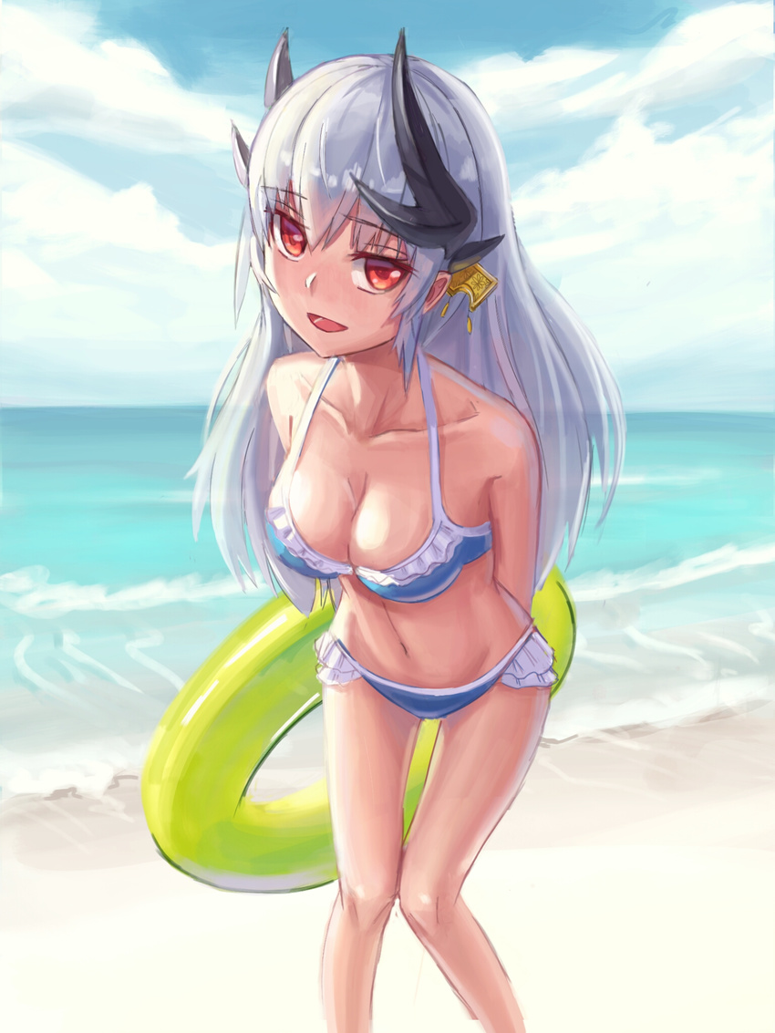 arms_behind_back bare_shoulders beach bikini blue_bikini breasts cleavage cloud cloudy_sky collarbone colored_eyelashes commentary_request day fate/grand_order fate_(series) feet_out_of_frame female frilled_bikini frills green_innertube highres horizon horns innertube kafkasea kiyohime_(fate) kiyohime_(swimsuit_lancer)_(fate) kiyohime_(swimsuit_lancer)_(third_ascension)_(fate) knees_together_feet_apart leaning_forward long_hair medium_breasts navel outdoors red_eyes sky solo stomach swim_ring swimsuit thigh_gap very_long_hair white_hair