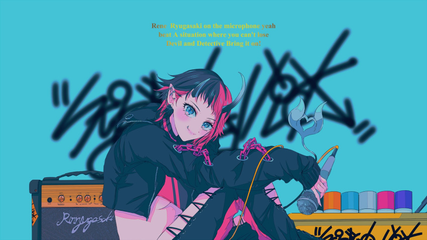 amplifier black_hair black_jacket black_pants blue_eyes blush breasts chains closed_mouth commentary_request cropped_jacket cross-laced_pants demon_girl demon_horns ear_chain ear_piercing english_text engrish_text feet_out_of_frame female highres holding holding_microphone horns jacket long_sleeves looking_at_viewer medium_breasts microphone multicolored_hair najuco_(naju0517) nanashi_inc. open_clothes open_jacket pants piercing pointy_ears ranguage red_hair red_pants ryugasaki_rene ryugasaki_rene_(1st_costume) short_hair sitting smile solo spray_can spray_paint sugar_lyric tail two-tone_hair two-tone_pants underboob virtual_youtuber zipper