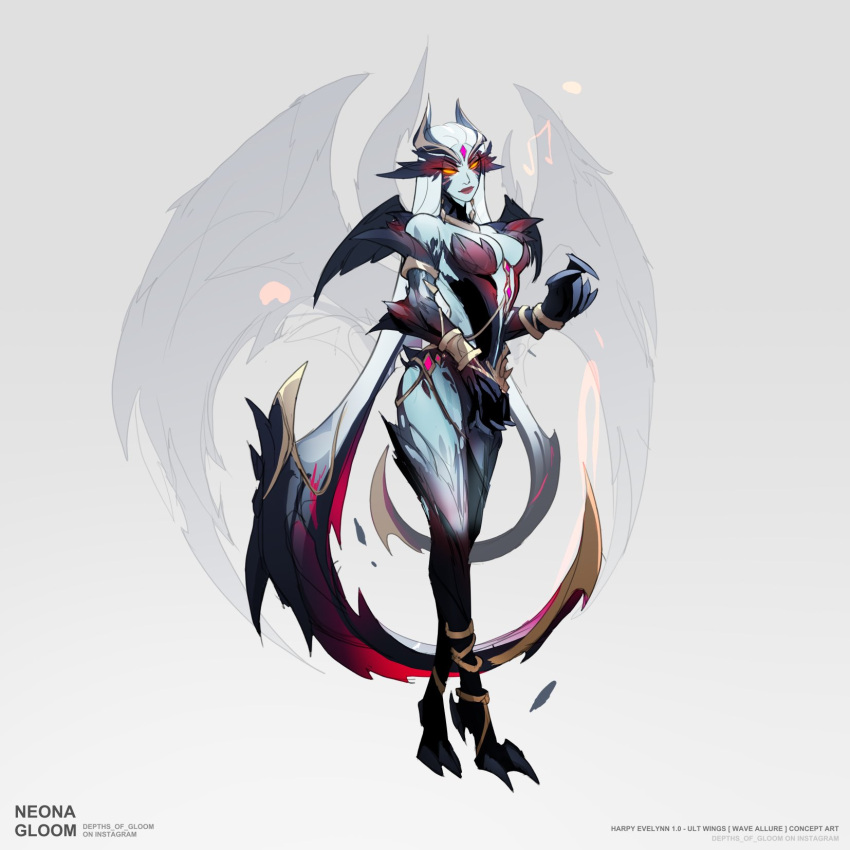 artist_name bad_id bad_twitter_id bare_shoulders black_skin breasts cleavage colored_skin evelynn_(league_of_legends) female full_body glowing glowing_eyes grey_background grey_hair grey_skin hand_up highres large_breasts league_of_legends long_hair looking_at_viewer neona_gloom solo standing wings