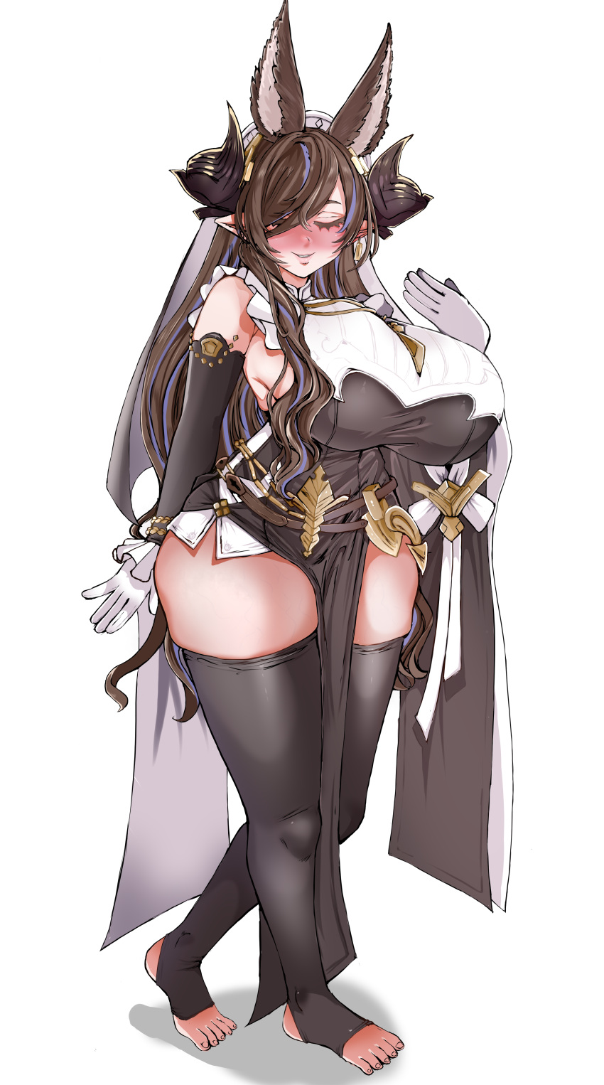 absurdres animal_ears asanagi_(style) blush breasts commentary_request curvy detached_sleeves earrings facing_viewer female frills full_body galleon_(granblue_fantasy) granblue_fantasy highres horns huge_breasts jewelry lips long_hair moisty_boo no_shoes pelvic_curtain pointy_ears solo stirrup_legwear thick_thighs thighs toeless_legwear toes veil very_long_hair