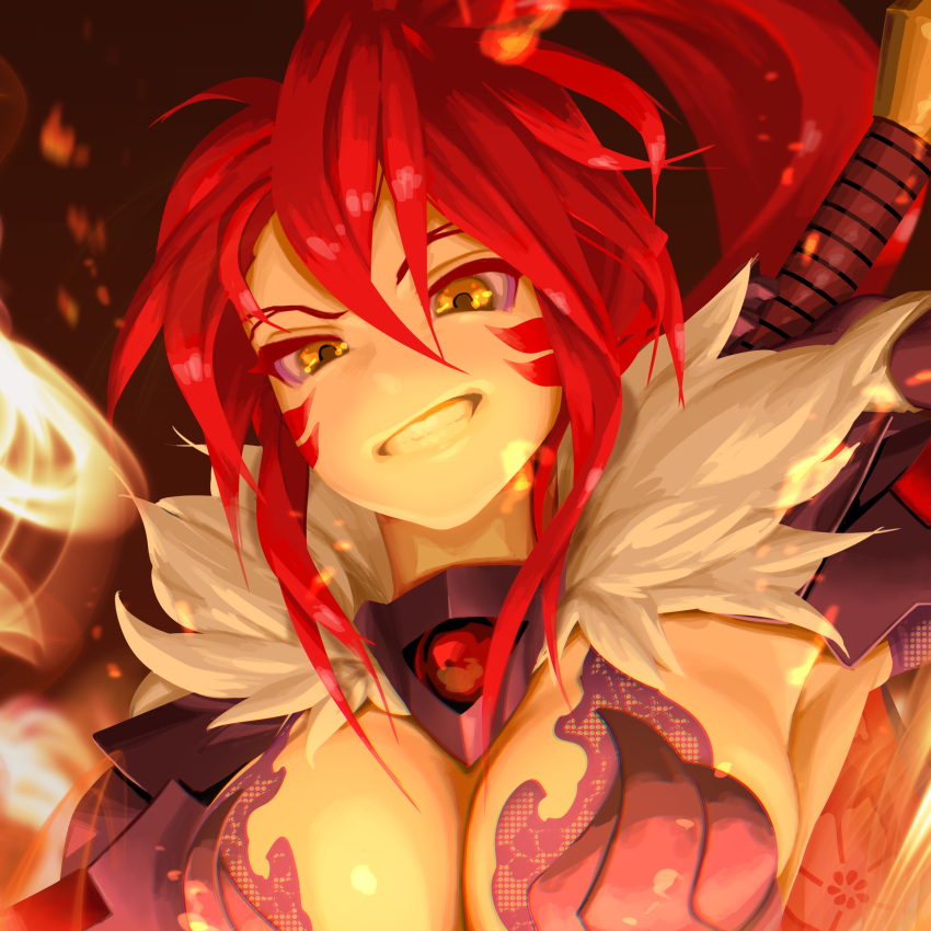 absurdres arm_up armor armpits breasts bustier cleavage commentary facial_mark facial_tattoo female fire fur_collar gauntlets gem grin highres holding holding_sword holding_weapon large_breasts long_hair looking_at_viewer oda_nobunaga_(sengoku_otome) open_mouth ponytail portrait red_gemstone red_hair ryohhe sengoku_otome shoulder_armor sidelocks smile solo sword sword_on_back tattoo teeth weapon weapon_on_back yellow_eyes