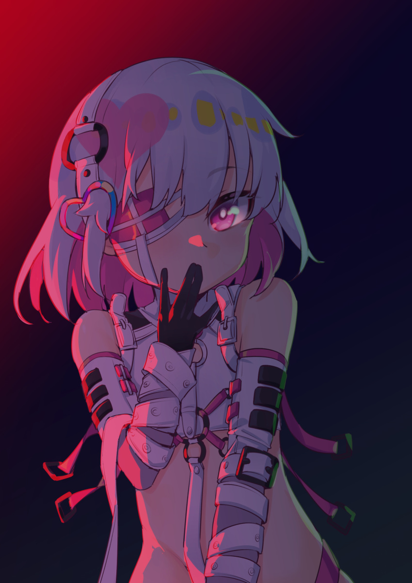 bare_shoulders black_gloves bondage_outfit chinese_commentary commentary covered_mouth crop_top detached_sleeves dohna_dohna_issho_ni_warui_koto_o_shiyou eyepatch female gloves hand_up highres ling_huanxiang long_sleeves looking_at_viewer multicolored_hair o-ring pink_hair porno_(dohna_dohna) purple_eyes revealing_clothes shirt sleeveless sleeveless_shirt solo two-tone_hair upper_body white_hair white_shirt white_sleeves