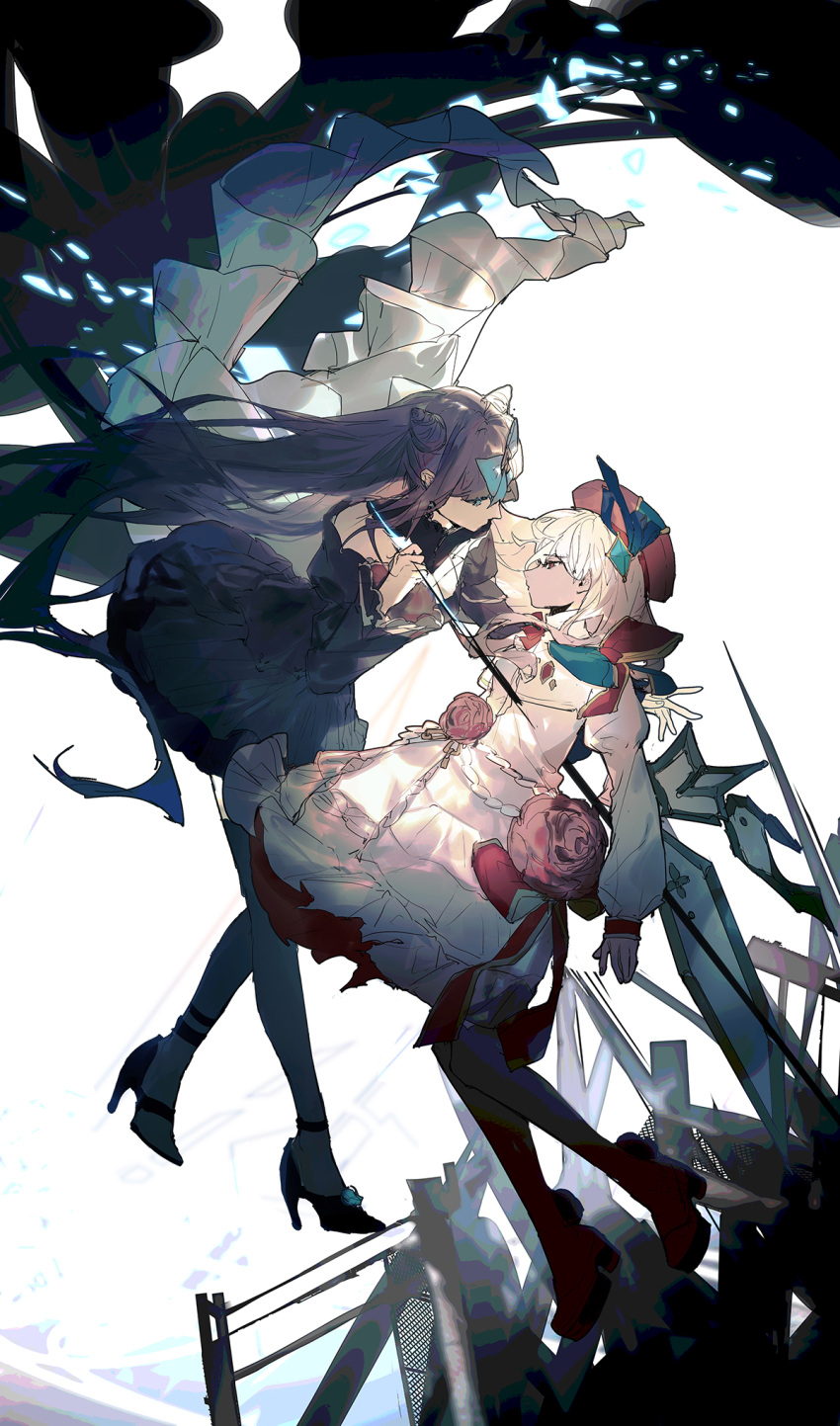 2girls arcaea black_legwear blue_eyes commentary cone_hair_bun dress english_commentary hair_bun hat high_heels highres hikari_(arcaea) hikari_(fracture)_(arcaea) impaled lobelia_(saclia) long_hair long_sleeves midair multiple_girls profile purple_dress purple_hair red_eyes red_headwear tairitsu_(arcaea) tairitsu_(tempest)_(arcaea) thighhighs white_background white_dress white_hair