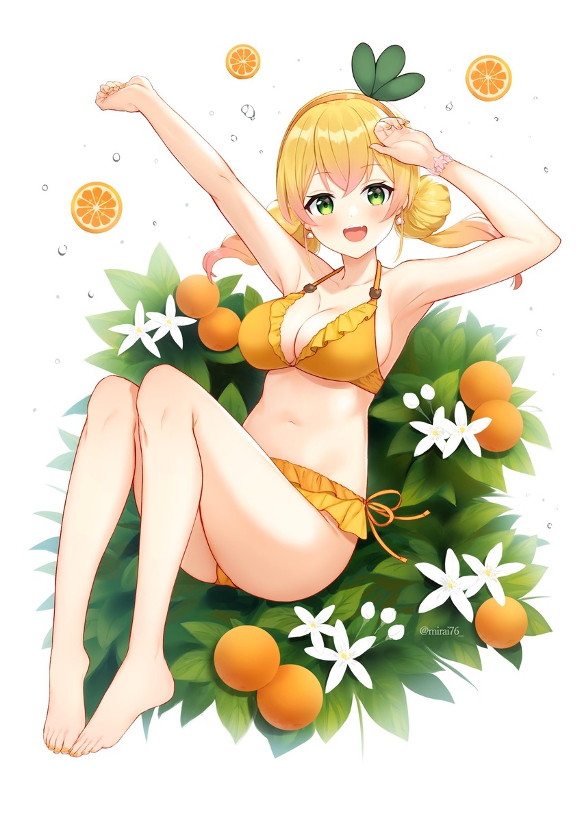 :d alternate_hairstyle arm_up armpits bare_arms bare_legs barefoot bikini blonde_hair blush breasts bud cleavage commentary_request double_bun earrings feet female flower flower_bracelet food frilled_bikini frills fruit full_body gradient_hair green_eyes hair_bun hair_flower hair_ornament hairband halterneck heart heart_earrings highres hololive jewelry large_breasts long_hair looking_at_viewer mirai_(mirai76_) momosuzu_nene multicolored_hair nail_polish navel oerba_yun_fang orange_(fruit) orange_blossoms orange_hairband orange_slice pink_hair side-tie_bikini_bottom smile solo stomach swimsuit toenail_polish toenails twintails virtual_youtuber white_background white_flower yellow_bikini yellow_nails