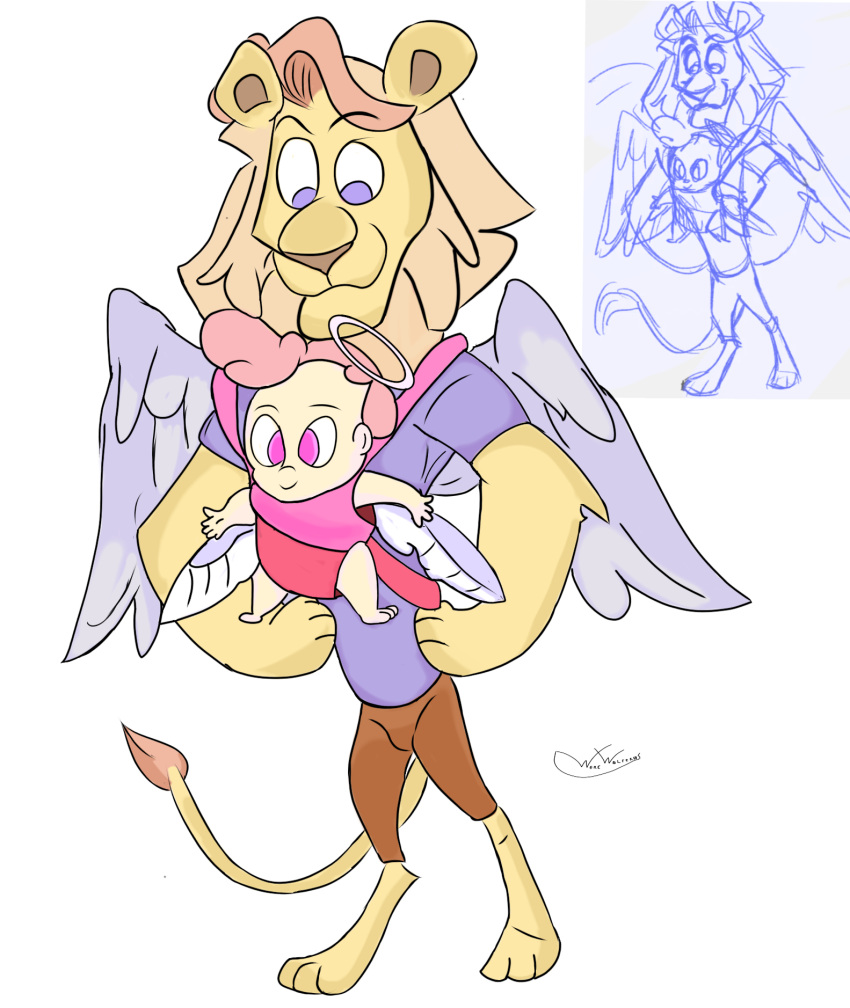 angel anthro blue_eyes bottomwear cherub cletus_(helluva_boss) clothing duo felid happy helluva_boss hi_res humanoid lion male mammal pantherine pants pink_eyes shirt topwear werewolferos