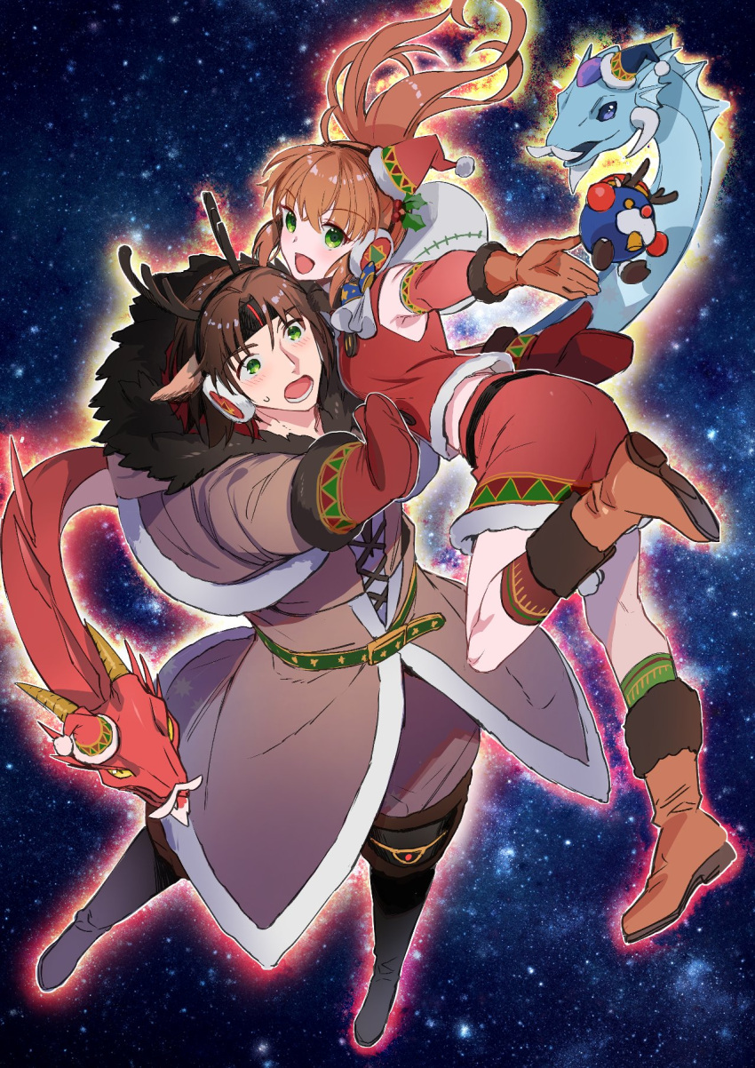 1boy :d ashton_anchors breasts brown_hair christmas female full_body fur_trim gloves green_eyes hair_ornament hat highres holly_hair_ornament long_hair looking_at_viewer open_mouth ponytail precis_neumann santa_hat skirt smile space star_(sky) star_ocean star_ocean_anamnesis star_ocean_the_second_story thighhighs ycco_(estrella)