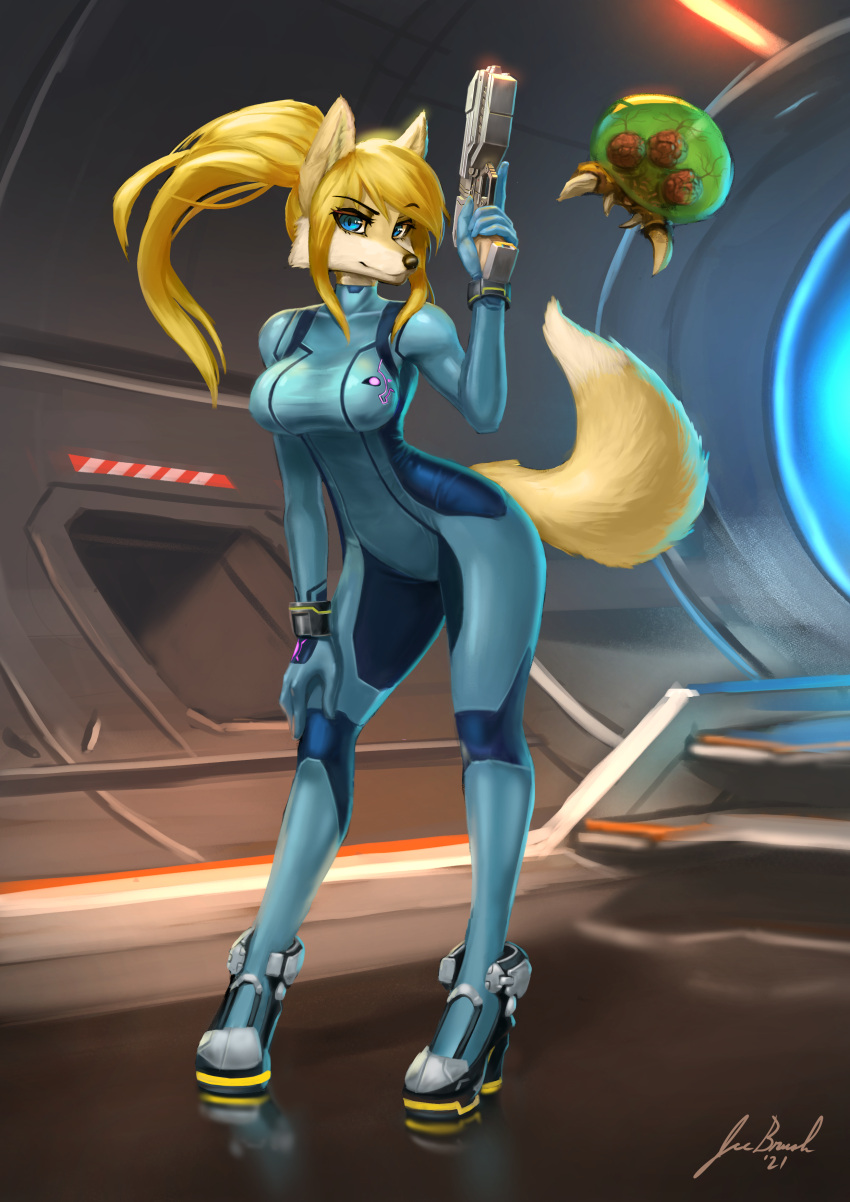 absurd_res alien alternate_species anthro anthrofied arched_back bent_arm blaster blonde_hair blue_bodysuit blue_clothing blue_skinsuit bodysuit breasts canid canine clothing digital_media_(artwork) digital_painting_(artwork) duo extended_arm female footwear fox fox_samus_aran fur furrification futuristic gun hair hand_on_knee hand_on_leg hand_on_own_knee hand_on_own_leg hand_on_own_thigh hand_on_thigh head_turned hi_res high_heels holding_knee holding_leg holding_object holding_thigh holding_weapon jecbrush latex latex_clothing latex_skinsuit leaning leaning_forward leaning_on_self left-handed light lighting looking_at_viewer mammal metroid metroid_(species) nintendo pinup pose raised_arm raised_hand ranged_weapon rubber_clothing samus_aran science_fiction signature skinsuit smaller_version_at_source straight_legs teeth tight_clothing translucent translucent_body weapon zero_suit