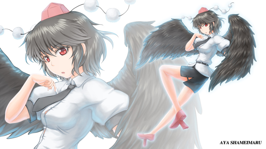 arm_up belt black_hair black_skirt black_wings commentary_request female geta hat highres looking_at_viewer miniskirt nazal necktie open_mouth pencil_skirt photoshop_(medium) red_eyes shameimaru_aya shirt shoes short_hair side_slit skirt solo tengu-geta tokin_hat touhou wings zoom_layer