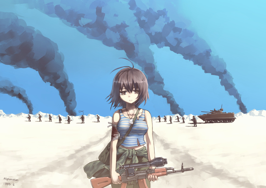 1pn58 6+others afghanistan ak-74 antenna_hair armored_vehicle army assault_rifle bad_id bad_pixiv_id bag bandaged_arm bandages bare_arms battlefield blank_stare blood blue_sky blue_tank_top bmp-3 breasts brown_eyes brown_hair carrying_bag caterpillar_tracks chinese_commentary clear_sky closed_mouth clothes_around_waist collarbone commentary day desert dirt_road dog_tags empty_eyes expressionless female green_bag green_jacket green_pants gun highres holding holding_gun holding_weapon injury jacket jacket_around_waist kalashnikov_rifle location_name looking_at_viewer medium_breasts midriff midriff_peek military military_jacket military_operator military_vehicle mixed-language_commentary motor_vehicle mountainous_horizon multiple_others on_ground original outdoors pants path rifle road scenery scope shirt short_hair shoulder_bag siqi_(miharuu) sky sleeveless sleeveless_shirt smoke soldier solo_focus soviet soviet_army spetsnaz standing staring straight-on striped_clothes striped_shirt tank tank_top telnyashka torn_clothes torn_shirt war war_in_afghanistan weapon white_tank_top