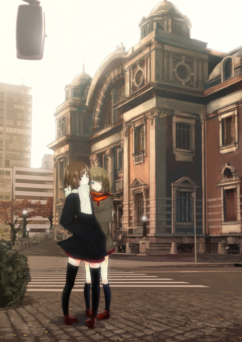 2girls architecture bad_id bad_pixiv_id blue_eyes blush brown_eyes brown_hair building city cityscape coat comrade_stalin hand_in_pocket highres lamppost loafers looking_back miniskirt multiple_girls original osaka_(city) pavement photoshop_(medium) pleated_skirt real_world_location red_skirt road scarf shoes skirt street thighhighs zettai_ryouiki