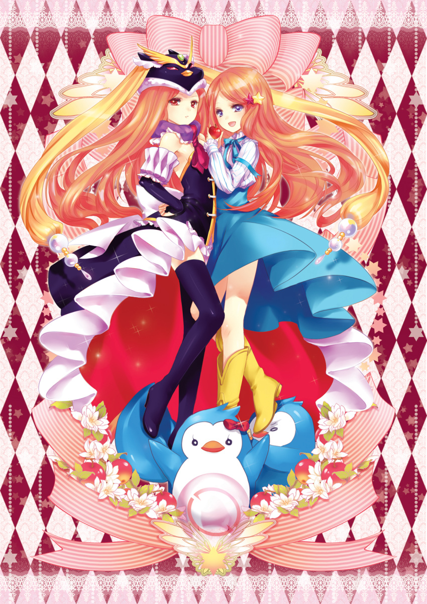 2girls animal_hat apple bird black_thighhighs blue_eyes boots brown_hair commentary dual_persona flower food fruit hair_ornament hat highres long_hair long_legs mawaru_penguindrum multiple_girls penguin penguin_1-gou penguin_2-gou penguin_3-gou princess_of_the_crystal red_eyes soul_(tamashii) star_(symbol) takakura_himari thigh_boots thighhighs