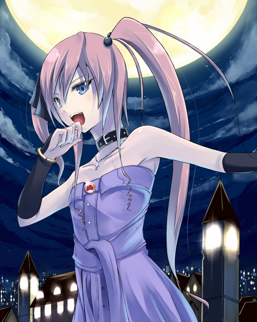 bare_shoulders blue_eyes bracer cloud commentary_request dress female full_moon hand_to_own_mouth highres long_hair momoiro_taisen_pairon moon night night_sky open_mouth original pink_hair sky solo strapless strapless_dress yuki_mizore