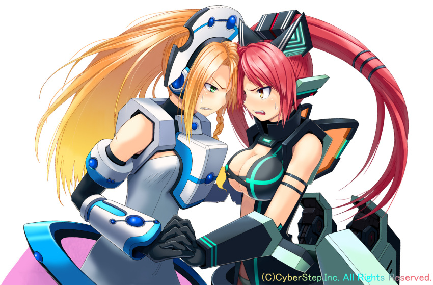 2girls armor blonde_hair braid breasts commentary_request cosmic_break green_eyes highres large_breasts mecha_musume mialy morizo_cs multiple_girls official_art ponytail red_hair rouche small_breasts sweatdrop tears watermark yellow_eyes