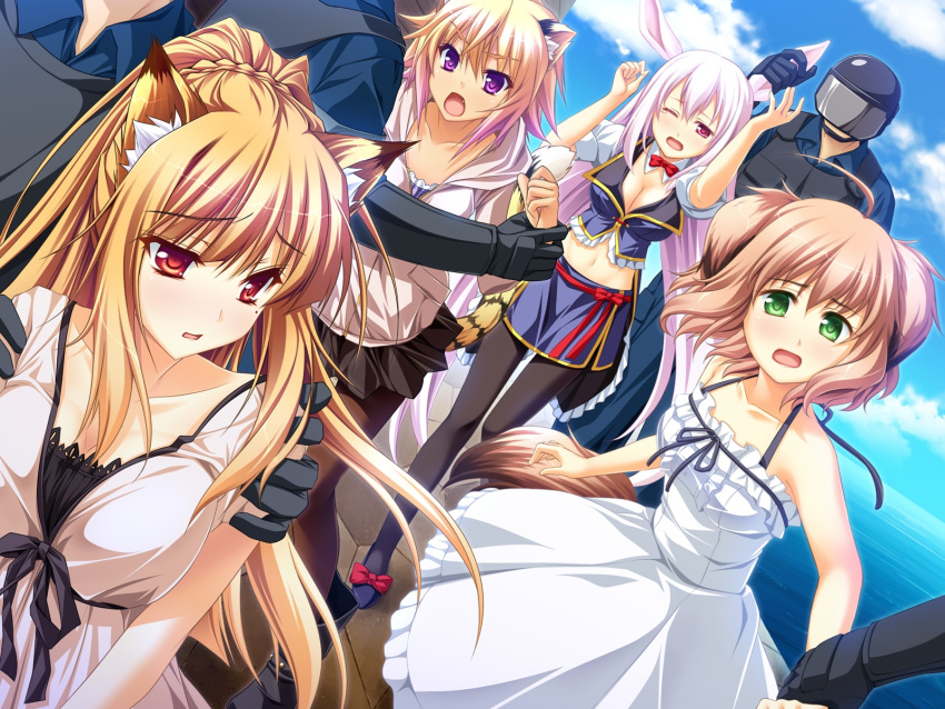 2boys 4girls animal_ears blonde_hair blush breasts brown_hair bunny_ears bunny_girl bunnygirl byoubu_tetora cat_ears cat_tail cleavage dog_ears doggirl dress fox_ears foxgirl frills game_cg gradient_hair green_eyes highres koya_chachako kusahara_hanemi large_breasts long_hair miyama_kon mole multicolored_hair multiple_boys multiple_girls no_bra oerba_yun_fang otomimi_infinity outdoors pink_eyes pink_hair purple_eyes ribbon scared sky tail tears water wrist_grab