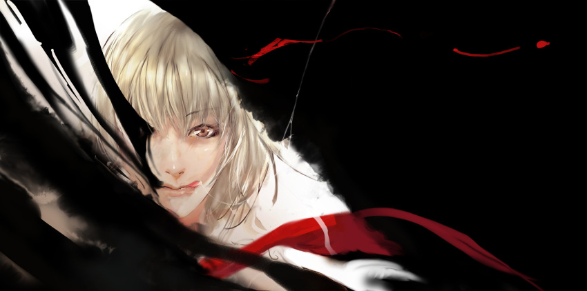 blonde_hair commentary_request darkness female highres koyama_sousuke licking_lips lips orange_eyes realistic ribbon rumia saliva saliva_trail short_hair solo tongue tongue_out touhou