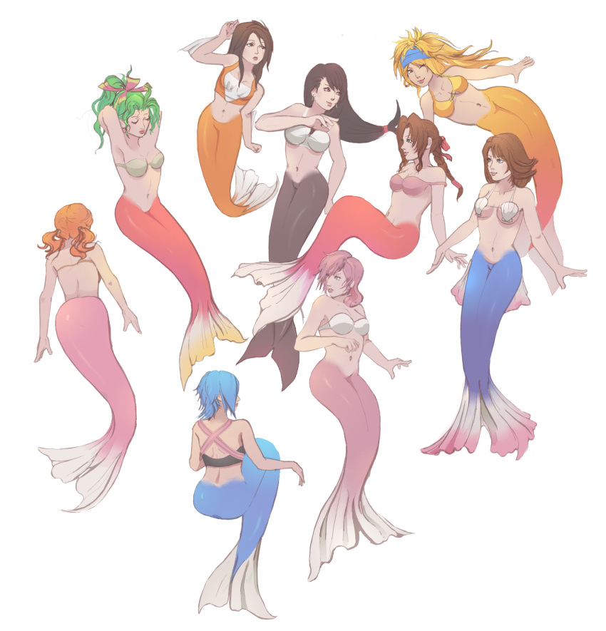 éclair_farron 6+girls 9girls aerith_gainsborough aqua aqua_(kingdom_hearts) arms_up bare_shoulders bikini_top black_hair blonde_hair blue_hair bra braid brown_eyes brown_hair character_request closed_eyes female final_fantasy final_fantasy_ix final_fantasy_vi final_fantasy_vii final_fantasy_x final_fantasy_x-2 final_fantasy_xiii garnet_til_alexandros_xvii green_eyes green_hair headband highres kingdom_hearts lingerie long_hair mermaid midriff monster_girl multiple_girls oerba_dia_vanille okiara pink_hair pink_ribbon ponytail red_hair ribbon rikku seashell_bra series_request short_hair single_braid square_enix tail tifa_lockhart tina_branford twintails underwear vest wink yuna