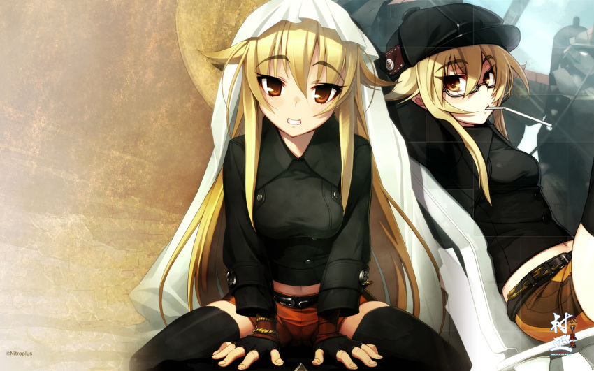 ashikaga_chachamaru bespectacled blonde_hair cabbie_hat female fingerless_gloves game_cg glasses gloves hat long_hair namaniku_atk nitroplus orange_eyes soukou_akki_muramasa straw very_long_hair wallpaper