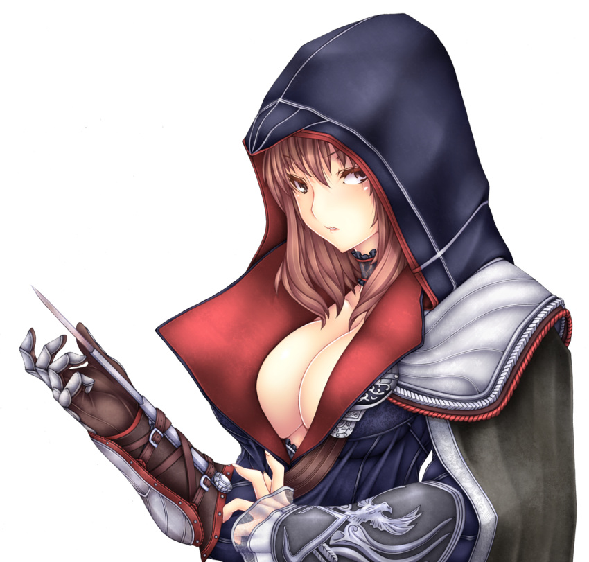 assassin's_creed_(series) belt breasts brown_eyes brown_hair cape choker cleavage commentary_request concealed_weapon ezio_auditore_da_firenze female genderswap_(mtf) gloves hidden_blade_(assassin's_creed) hood large_breasts no_bra rule_63 short_hair solo transparent_background vambraces weapon yui.h