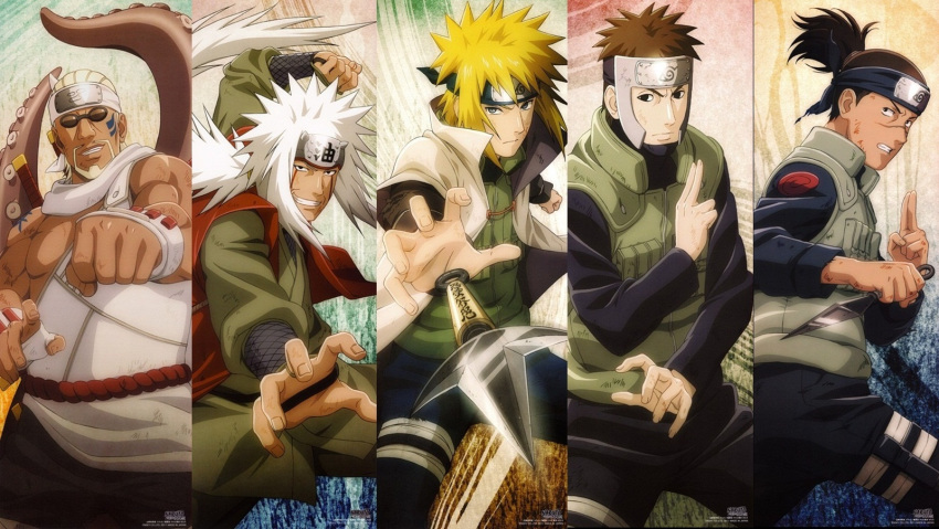 5boys artist_request beard blonde_hair brown_hair dark_skin facial_hair highres jiraiya killer_bee male male_focus multiple_boys namikaze_minato naruto naruto_shippuuden ponytail short_hair spiked_hair spiky_hair umino_iruka white_hair yamato yamato_(naruto)