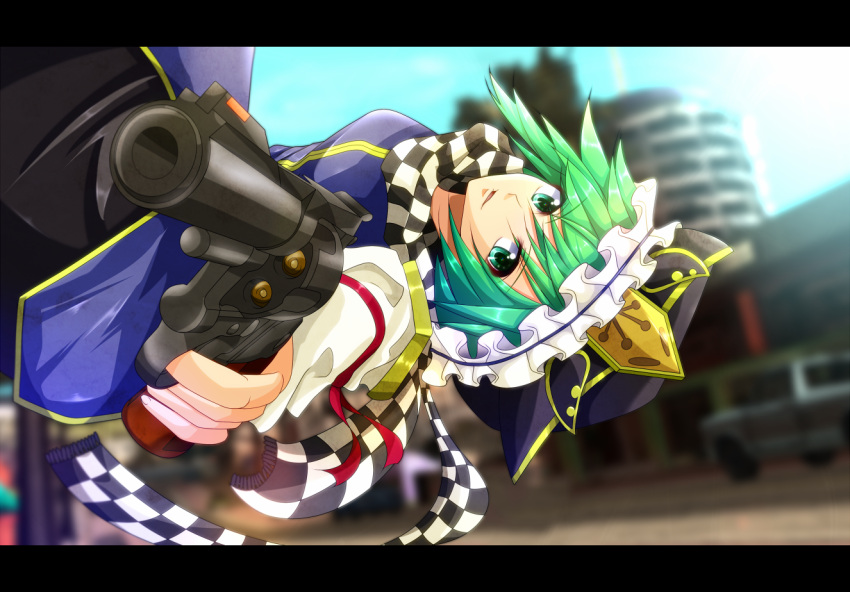 aiming aiming_at_viewer bad_id bad_pixiv_id blurry city depth_of_field female foreshortening green_eyes green_hair gun handgun hat letterboxed pandora-ex revolver scarf shiki_eiki solo touhou weapon