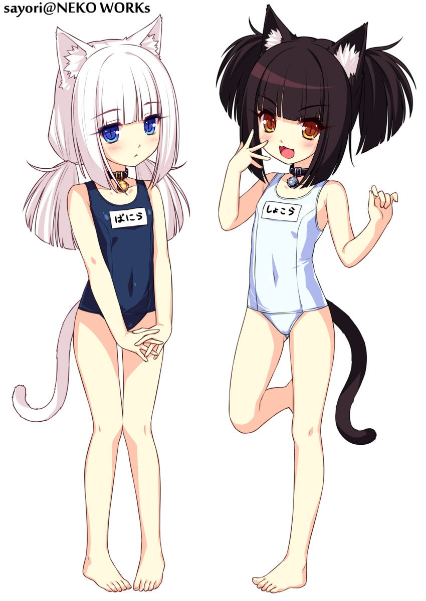 2girls :< :3 aged_down animal_ears bad_id bad_pixiv_id barefoot bell black_hair blue_eyes blue_one-piece_swimsuit blunt_bangs blush cat_ears cat_tail chocola_(nekopara) collar flat_chest hand_on_own_face highres long_hair low_twintails multiple_girls name_tag neck_bell nekopara old_school_swimsuit one-piece_swimsuit open_mouth photoshop_(medium) pigeon-toed pink_hair sayori_(neko_works) school_swimsuit slit_pupils standing standing_on_one_leg swimsuit tail twintails vanilla_(nekopara) white_one-piece_swimsuit