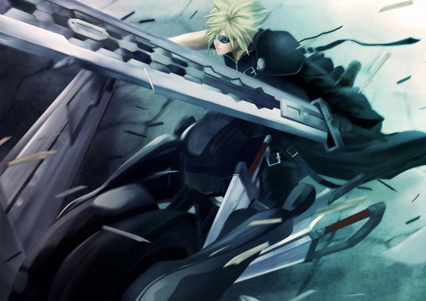 blonde_hair cloud_strife final_fantasy final_fantasy_vii final_fantasy_vii_advent_children male motorcycle pochiharu possible_duplicate sunglasses sword weapon