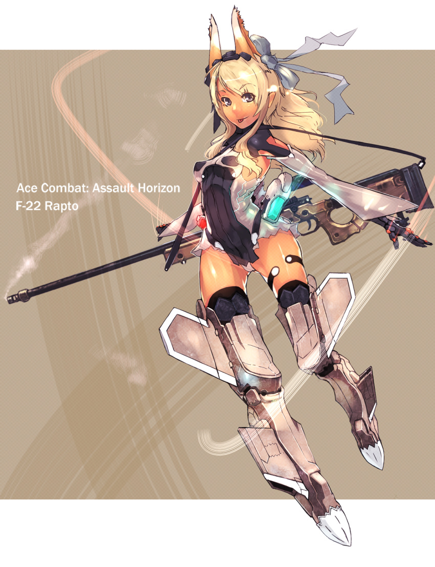 :p ace_combat ace_combat_assault_horizon bigegg blonde_hair error extra_ears f-22_raptor gun hair_ribbon highres long_hair personification ribbon rifle scope sling smoke smoking_gun sniper_rifle solo tongue tongue_out weapon