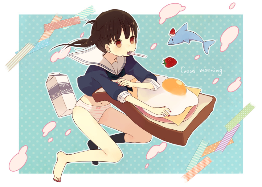 barefoot blush bread bread_slice brown_hair commentary_request dolphin egg egg_(food) english_text female food fork fried_egg fried_egg_on_toast milk mituame mouth_hold nail_polish no_pants original panties red_eyes school_uniform serafuku short_hair solo striped_clothes striped_panties toast toenail_polish toenails underwear