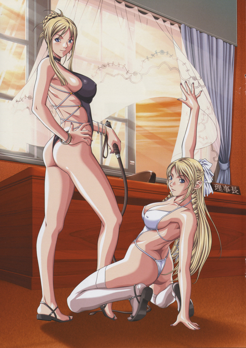 2girls absurdres ass blonde_hair blue_eyes breasts butt_crack desk discipline highres large_breasts morimoto_leona morimoto_reina multiple_girls sandals smile whip window