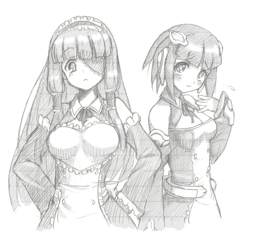 2girls :< aouma bad_id bad_pixiv_id bare_shoulders blush breasts cleavage detached_sleeves dream_c_club dream_c_club_(series) eyepatch graphite_(medium) hair_tubes hairband hands_on_own_hips ili_(dream_c_club) lolita_hairband long_hair looking_at_viewer mari_(dream_c_club) medium_breasts monochrome multiple_girls short_hair traditional_media upper_body waitress