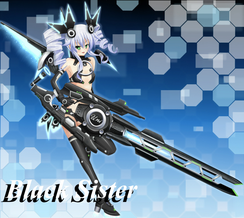 bare_shoulders black_bra black_gloves black_legwear black_panties black_sister black_thighhighs bra choujigen_game_neptune choujigen_game_neptune_mk2 compile_heart drill_hair elbow_gloves female female flat_chest gloves green_eyes gun gust hair_ornament idea_factory lingerie long_hair mas2000 neptune_(series) nippon_ichi panties silver_hair solo symbol-shaped_pupils thighhighs twin_drills twintails underwear uni_(choujigen_game_neptune) weapon