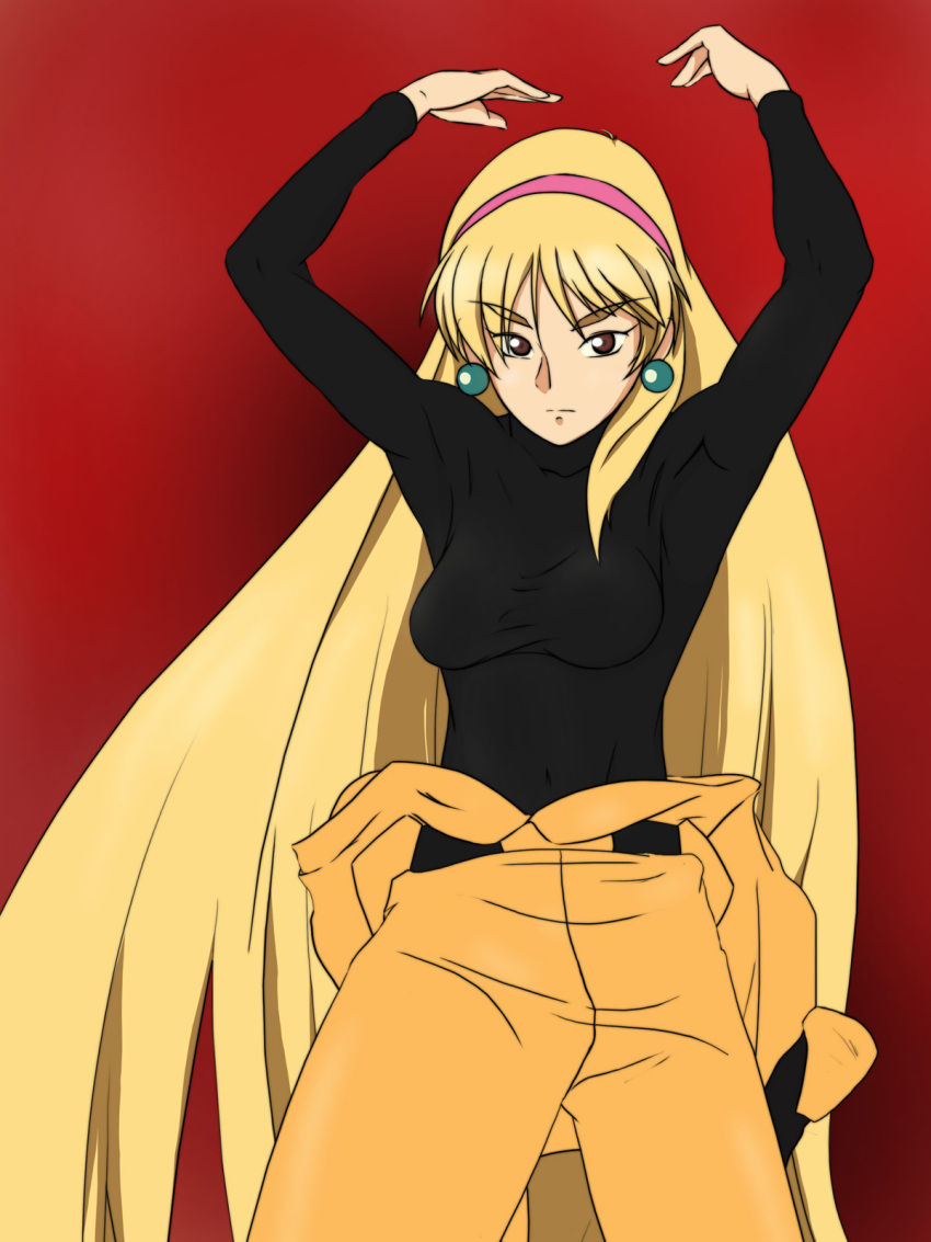 blonde_hair breasts brown_eyes compo153 earrings female gradient gradient_background gundam highres jewelry katejina_loos long_hair solo victory_gundam