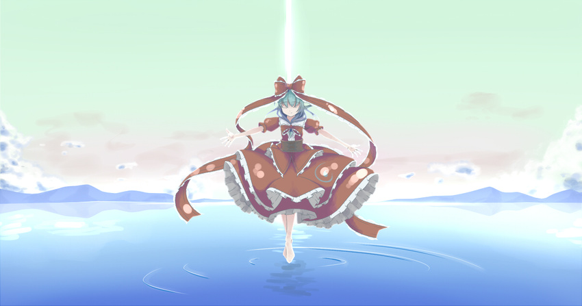 barefoot bow brown_dress brown_ribbon closed_eyes closed_mouth cloud commentary_request day dress facing_viewer female floating frilled_dress frills front_ponytail full_body green_hair hair_ribbon hairbow horizon kagiyama_hina long_hair outdoors outstretched_arms puffy_short_sleeves puffy_sleeves ribbon ripples scenery short_sleeves smile solo spread_arms touhou water whitecloudinside