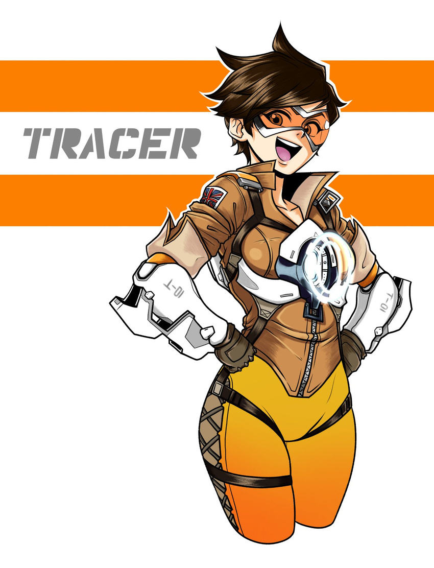 :d black_gloves bomber_jacket breasts brown_eyes brown_hair character_name chest_harness collarbone commentary_request cropped_legs eron female gloves goggles hands_on_own_hips harness head_tilt highres jacket korean_commentary looking_at_viewer medium_breasts open_mouth orange_goggles overwatch overwatch_1 short_hair smile solo tracer_(overwatch) union_jack white_background