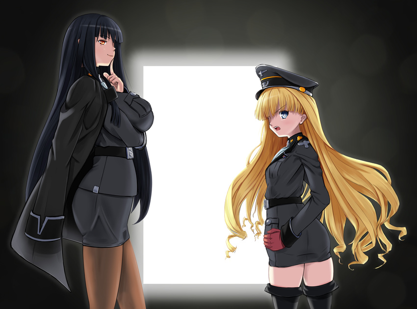 2girls absurdres alice_soft black_hair blonde_hair blue_eyes daiteikoku gloves grecia_goebbels hat highres long_hair looking_back military military_uniform multiple_girls nazi open_mouth orange_eyes peaked_cap red_eyes retia_adolf smile teresa007 thighhighs uniform