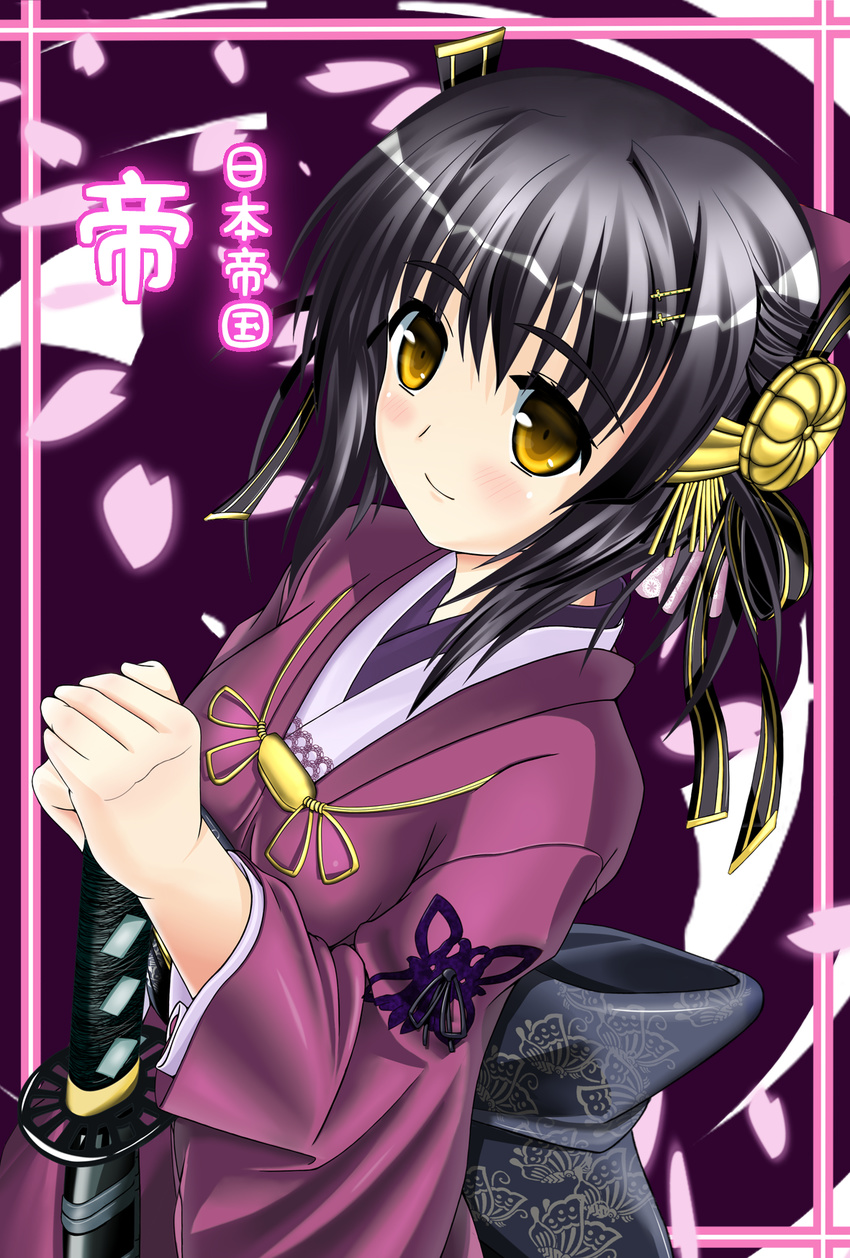 alice_soft black_hair brown_eyes daiteikoku female hair_ornament highres japanese_clothes katana kimono mikado_(daiteikoku) orange_eyes smile solo sword weapon yukikaze-928