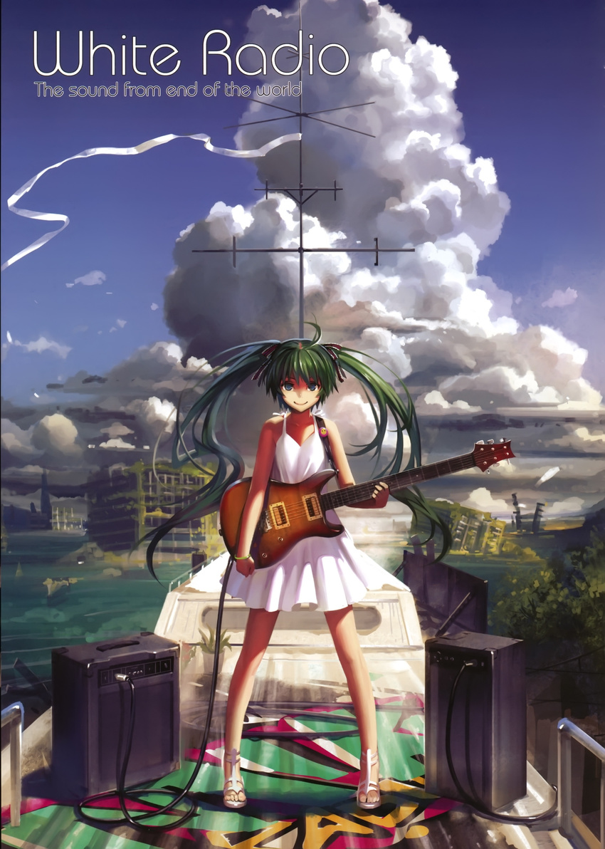 absurdres alphonse_(white_datura) amplifier bare_shoulders blue_eyes blue_hair bracelet cable cloud cloudy_sky dress electric_guitar female flat_chest gladiator_sandals green_hair guitar hatsune_miku highres imageboard_desourced instrument jewelry long_hair long_legs nature non-web_source ocean outdoors paul_reed_smith ribbon ruins sandals ship short_dress sky solo standing sundress twintails very_long_hair vocaloid water watercraft white_dress white_footwear